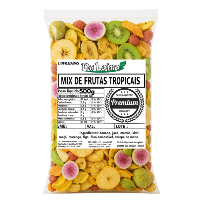 Mix Frutas Tropicais 500g -(7 Frutas): Chips de Banana, Jaca, Mamão, Kiwi, Maçã, Morango e Figo