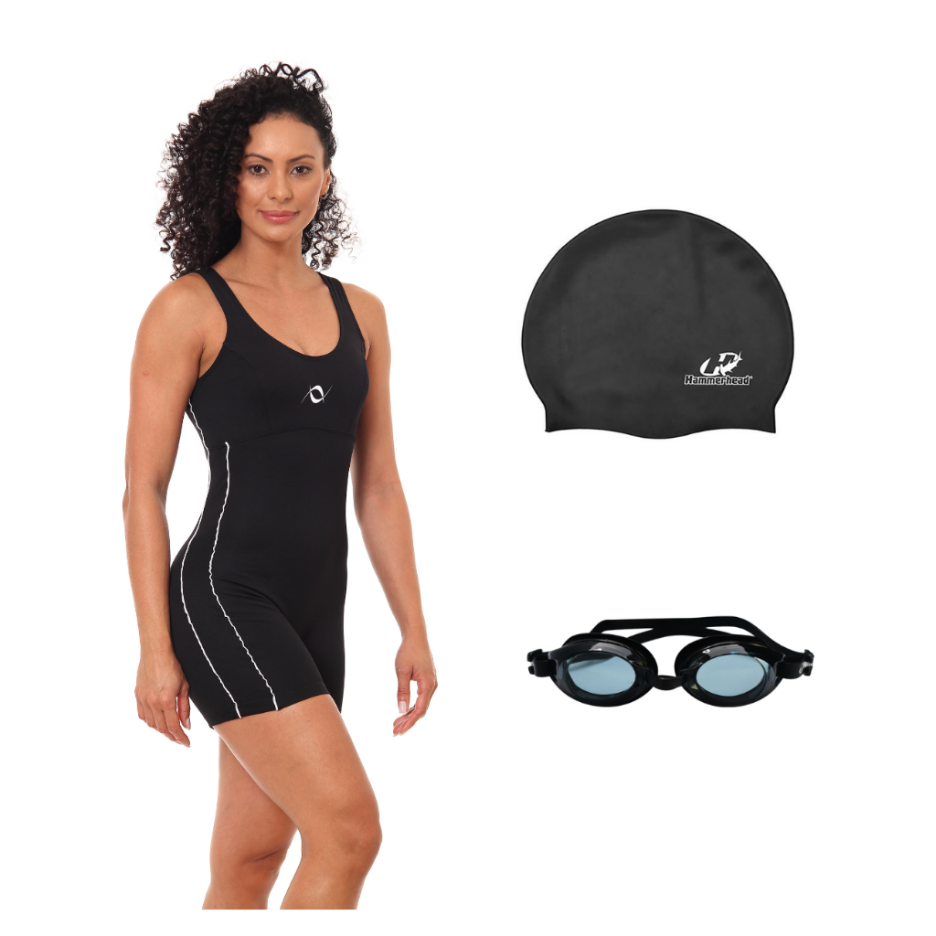 Kit Macaquinho Helanca Natação com Óculos Proteção Uv e Touca Silicone Grande em Oferta na Shopee