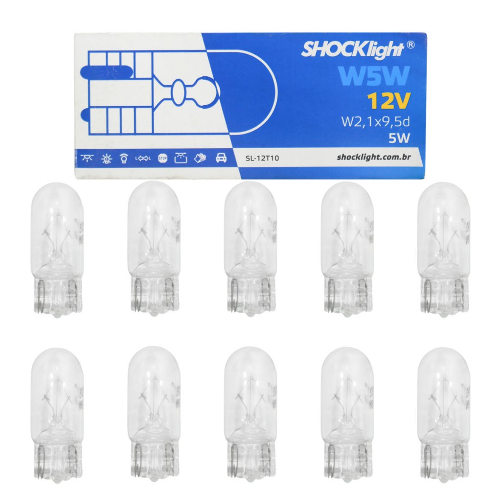 Caixa 10 Unidades Lampada Shocklight Pingão T10 W5W p/ Meia Luz Lanterna Placa Teto Break Light 12V