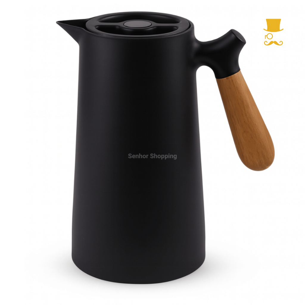 Garrafa Térmica Preta Nórdica 1 Litro Cabo De Madeira Botão Mantém Temperatura Café e Chá GiftUtil