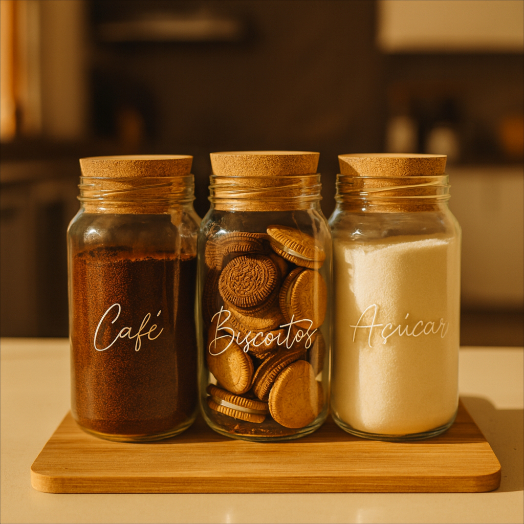 Kit Cantinho do Café - 3 Potes de Vidro com Tampa de Cortiça + Adesivos Armazenamento Cozinha Prata Dourado Letra Branca