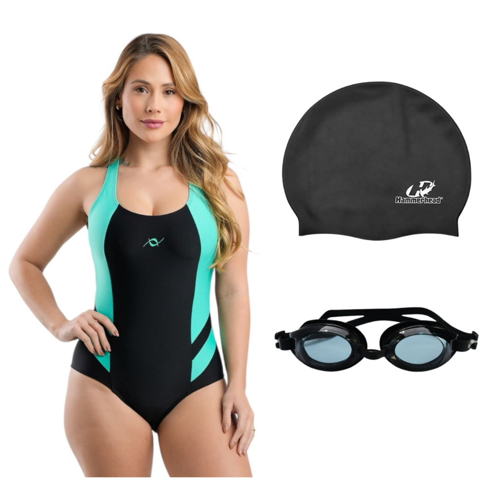 Kit Maiô Natação Hidroginástica Touca De Silicone Grande + Óculos Proteção Uv