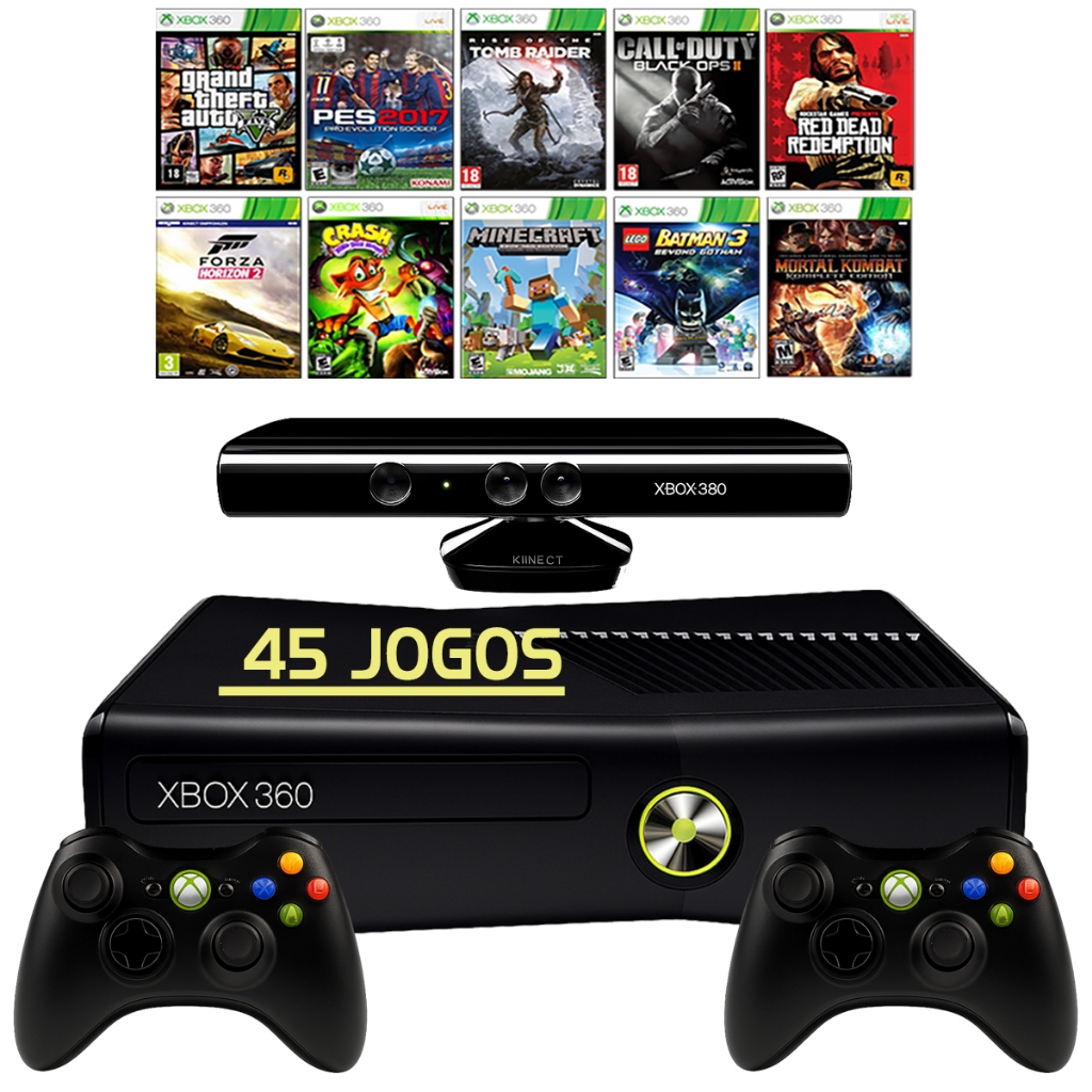 Xbox 360 Slim Preto + Controles + Kinect + 45 Jogos + Gta5 + Fifa 19 + Gears Of War + Minecraft