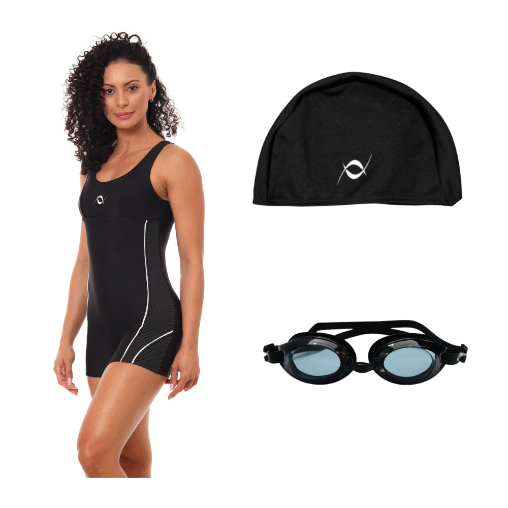 Kit Macaquinho Natação Hidroginástica Com Touca Helanca E Óculos Uv