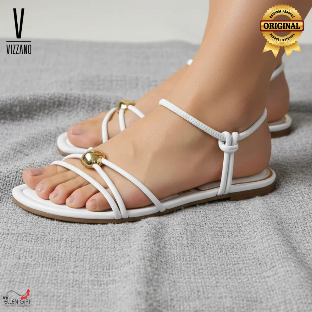 Sandália Rasteira Vizzano Tiras Finas Detalhe Dourado | Leve | Dia a Dia em Oferta na Shopee