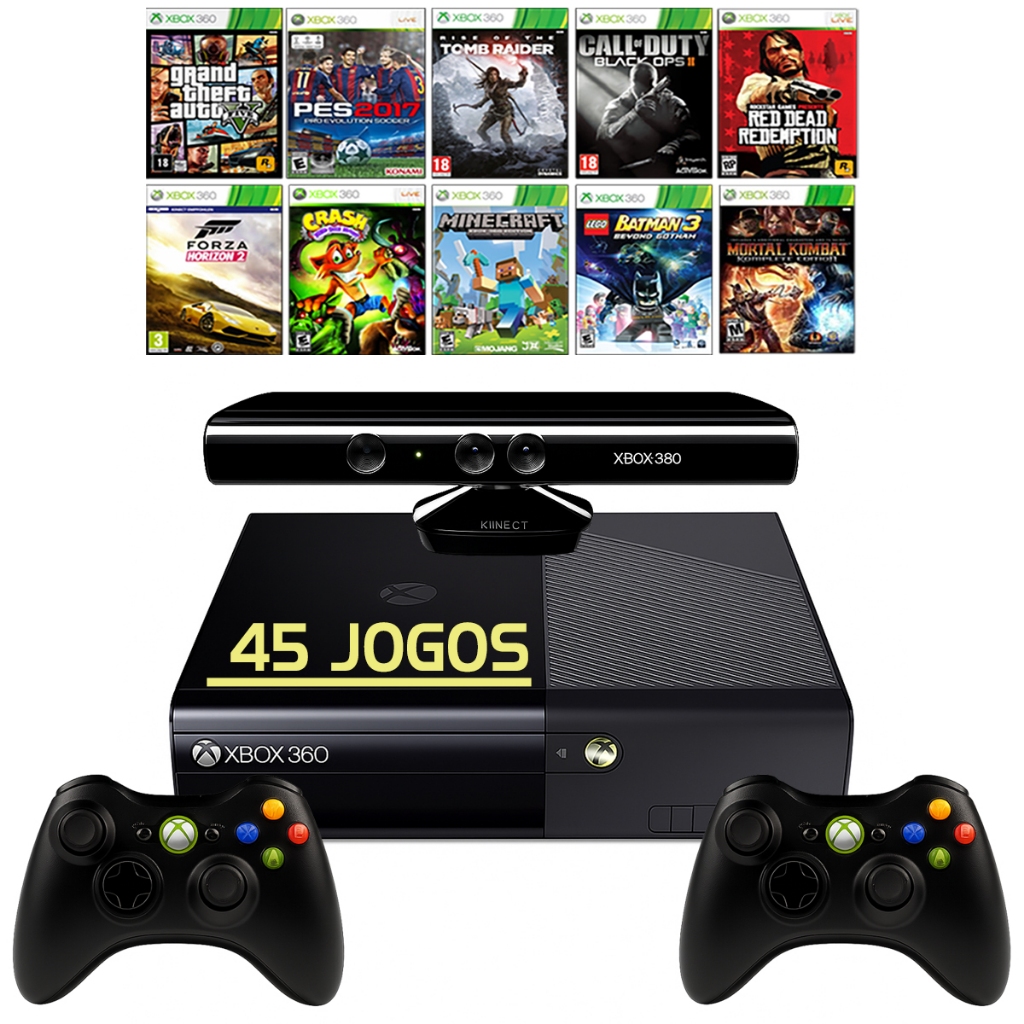 Console Xbox 360 Super Slim Preto + 45 Jogos + Controle + Kinect + Gta5 + Fifa 19 + Minecraft