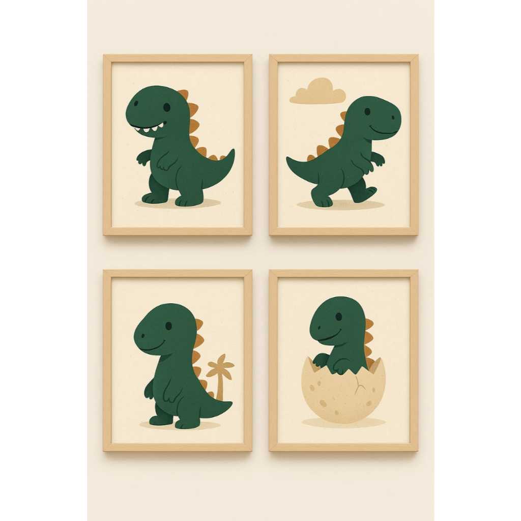 QUADRO DECORATIVO 4 PEÇAS DINOSSAURO VERDE NUVEM em Oferta na Shopee