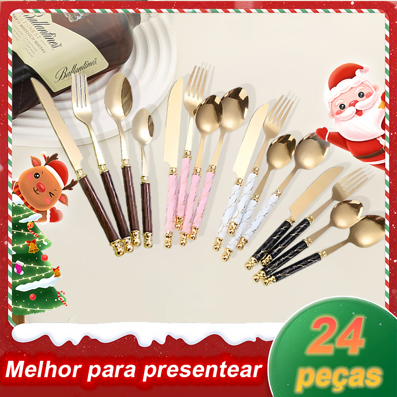 🎄Conjunto de talheres de luxo em aço inoxidável com 24 peças, com talheres em imitação de mármore e textura de madeira em Oferta na Shopee