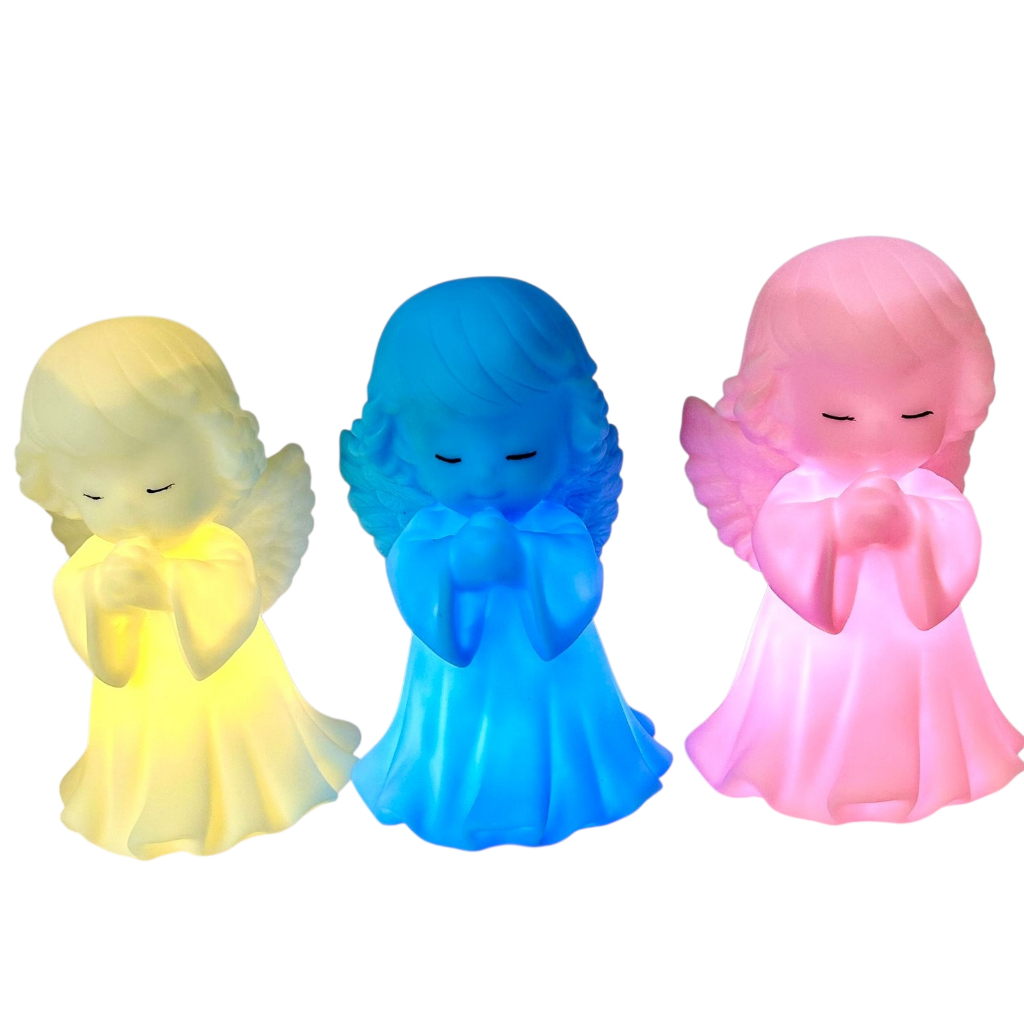 luminaria religiosa anjo da guarda cores azul rosa branco VALOR UNITARIO 9cm funcionamento a pilha (bateria) vide fotos