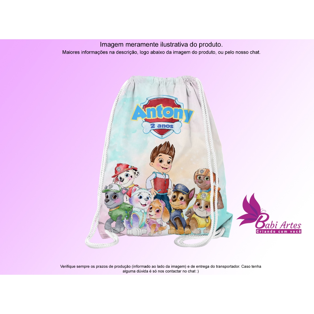 Mochilinha Saco Personalizada Patrulha Canina  Festa Aniversário Lembrancinha Saquinho Infantil
