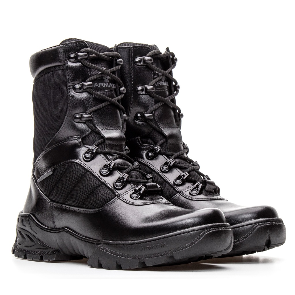 coturno tático militar cano alto couro legitimo bota masculina imponente resistente e confortavel