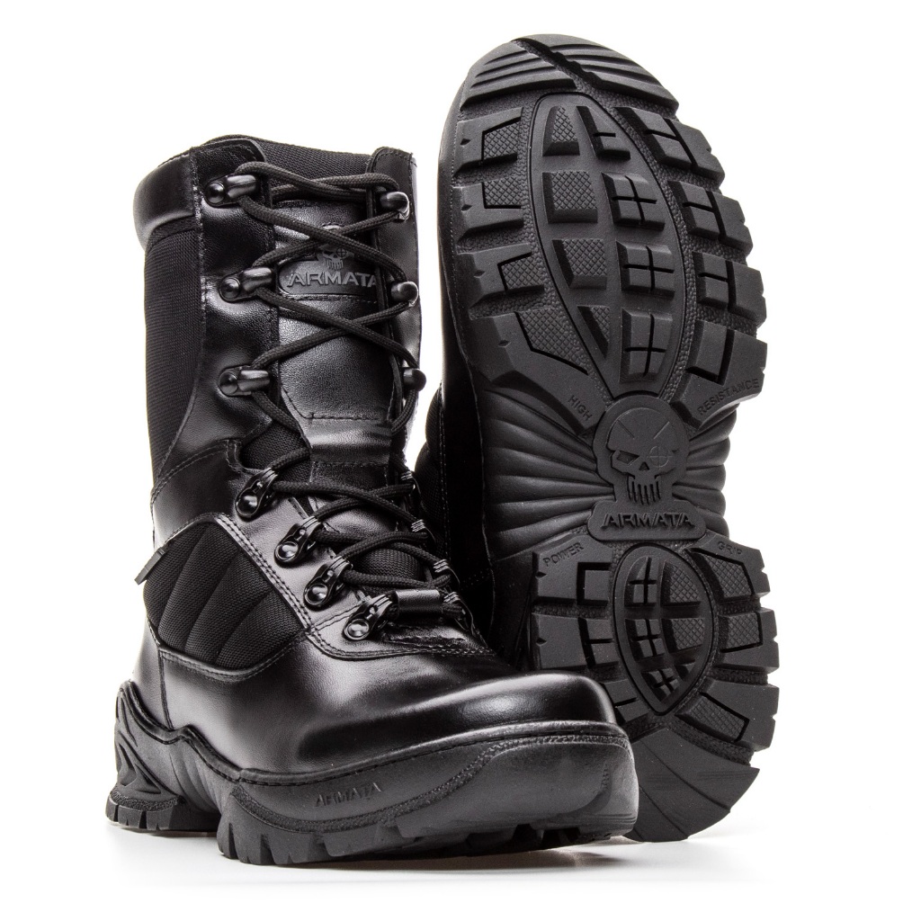 coturno militar cano alto preto couro legitimo bota original marca armata resistente confortável e tática