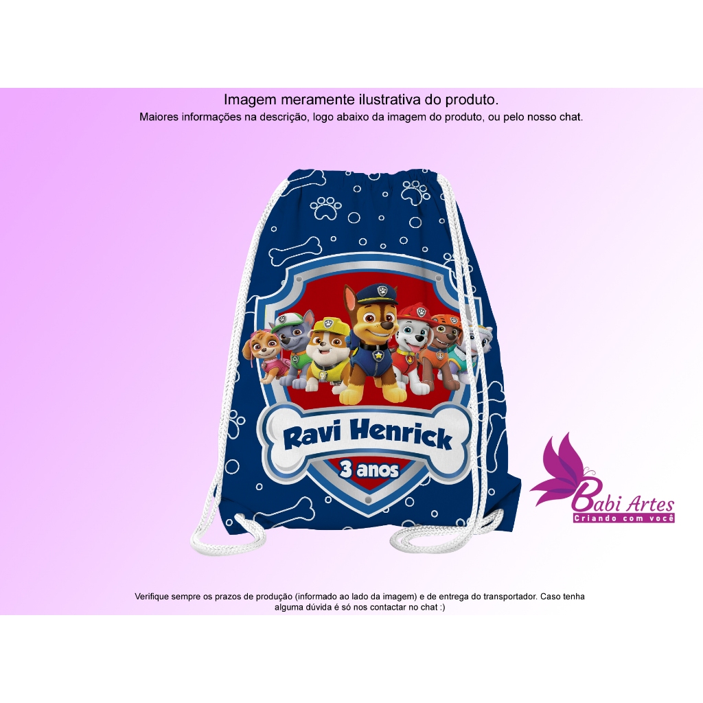 Mochilinha Personalizada Patrulha Canina  Festa Aniversário Lembrancinha Saquinho Infantil