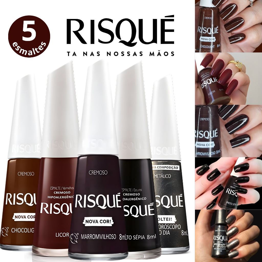 Kit 5 Esmaltes Risqué Marrom Preto Tons Escuro Terrosos Esmalte Atacado Nova Coleção em Oferta na Shopee