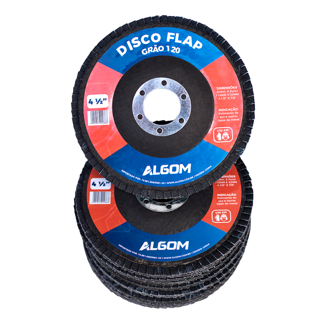 Kit com 10 Unidades de Disco Flap 4.1/2" Algom (Grao 40, 60, 80, 100, 120) em Oferta na Shopee