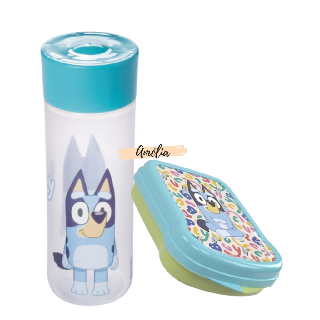 Kit Sanduicheira e Garrafinha de Agua 500ML Infantil Bluey Lancheira com Tampa Passeio Plasútil