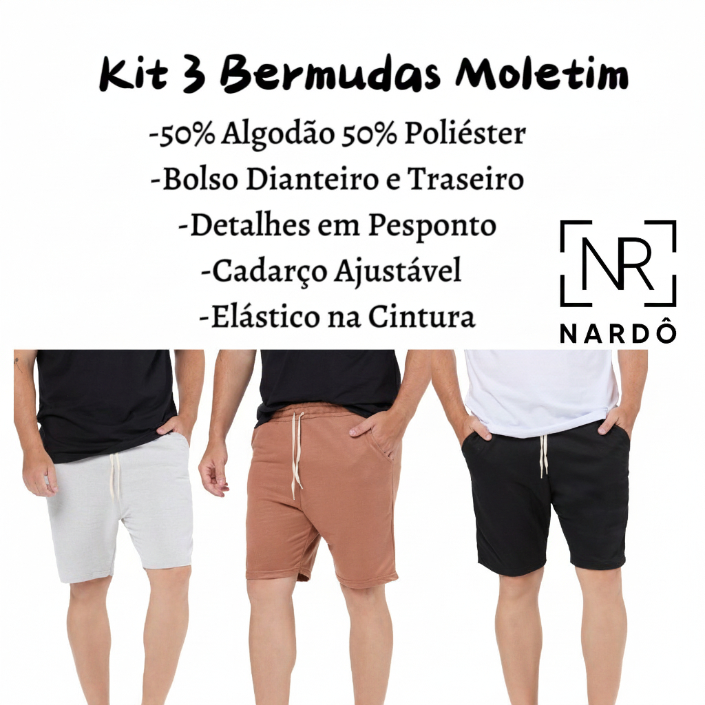 KIT 3 BERMUDAS SHORT MOLETOM MASCULINA