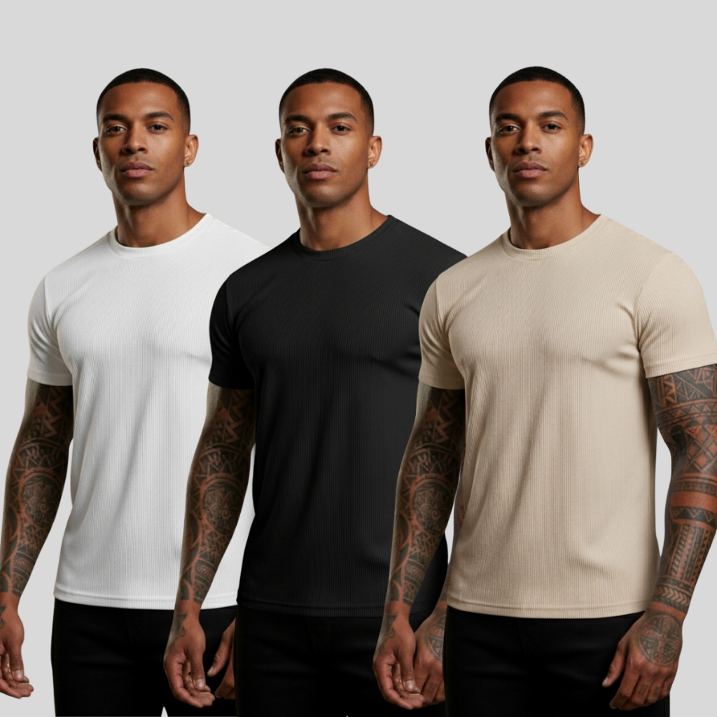 Kit 3 Camiseta Masculina Canelada Básica Casual Moda Gringa Americano Gola Redonda Manga Curta em Oferta na Shopee