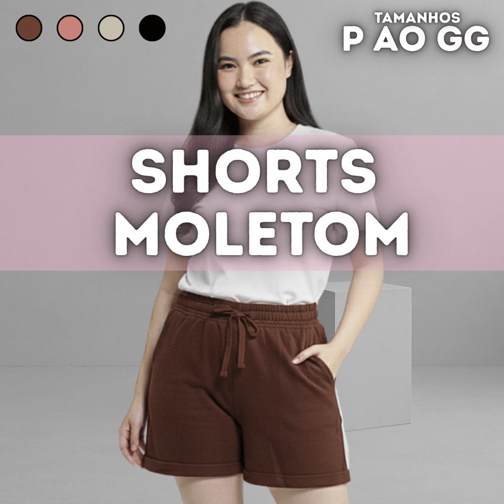 Shorts Moletom Feminino Confortável Calor Casual Leve Soltinho Moderna Preto Marrom Off-white Rosê