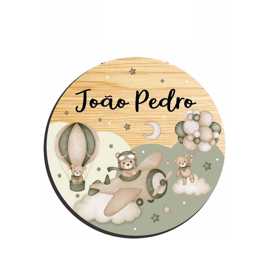 Enfeite Porta Maternidade Urso Aviador Aquarela - Ursinho baloeiro aquarela - Decoração para quarto! Nome