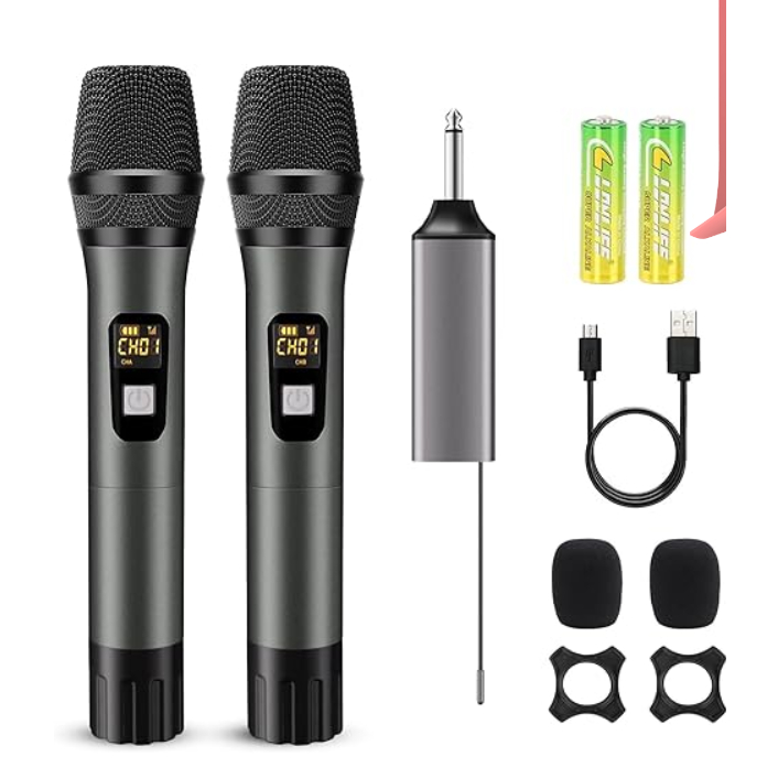 Kit 2 Microfones Dinâmico Duplo com Receptor Sem Fio Para Karaokê Palestra igreja Profissional