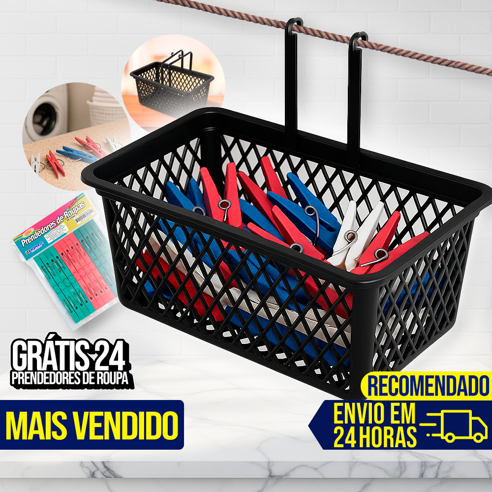 Kit Caixa Cesto Porta Organizador Prendedor de Roupa Com 24 Pregadores Grátis Grande Com Gancho em Oferta na Shopee