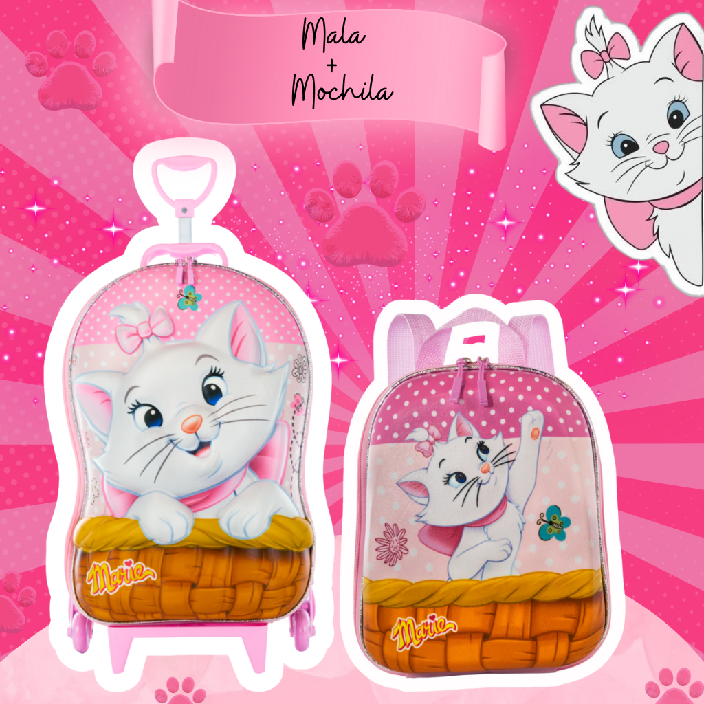 Mochila Lancheira E/OU Mala com Rodinhas Infantil Gatinha Marie Escolar Bolsa de Carrinho