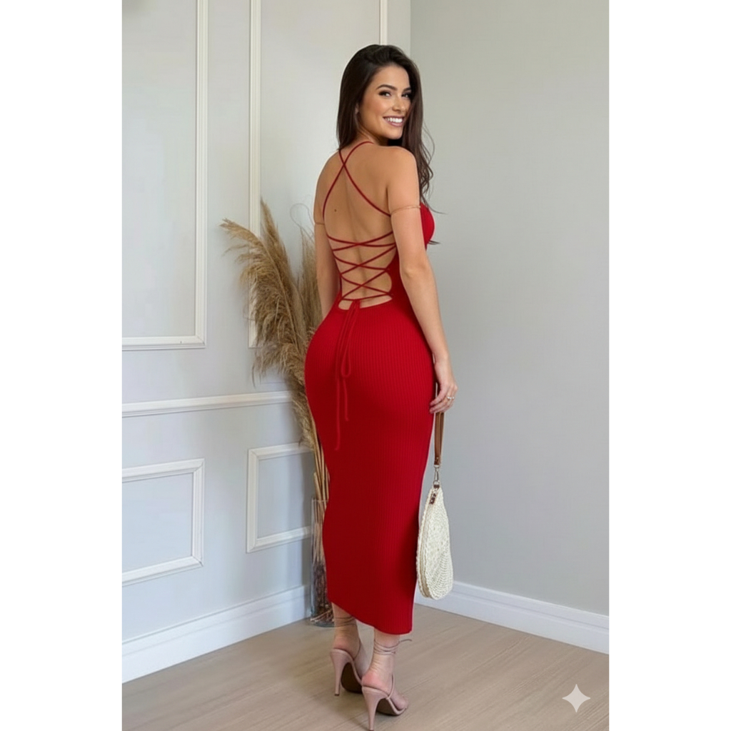 Vestido Midi Costas Aberta Trançada Feminina Elegante Festa Fashion Tendencia Blogueira Tricot Canelado