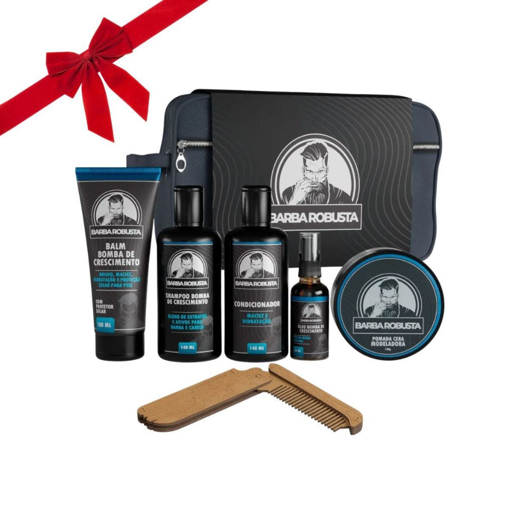 Kit Barba de Shampoo, Condicionador, Balm, Óleo, Cera, Pente Canivete e Necessaire