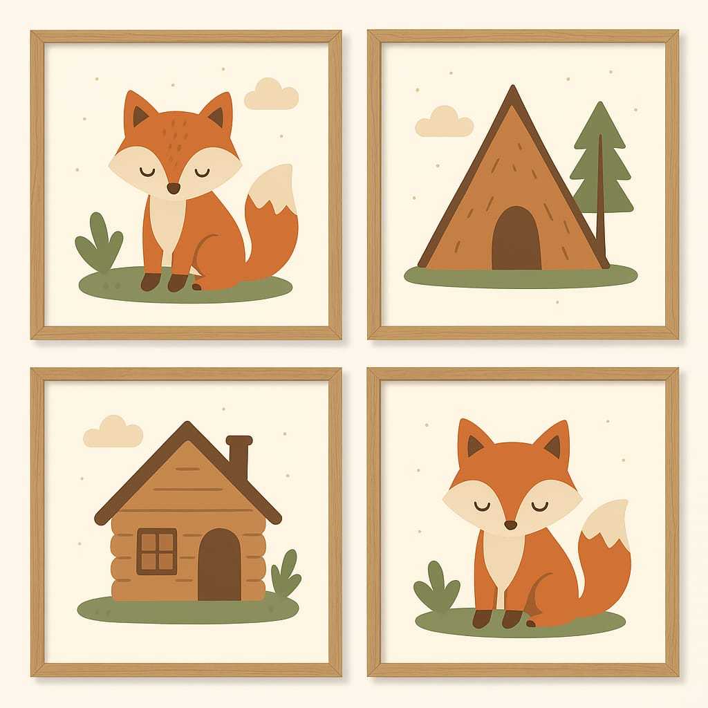 QUADRO DECORATIVO 4 PEÇAS RAPOSA CABANA em Oferta na Shopee