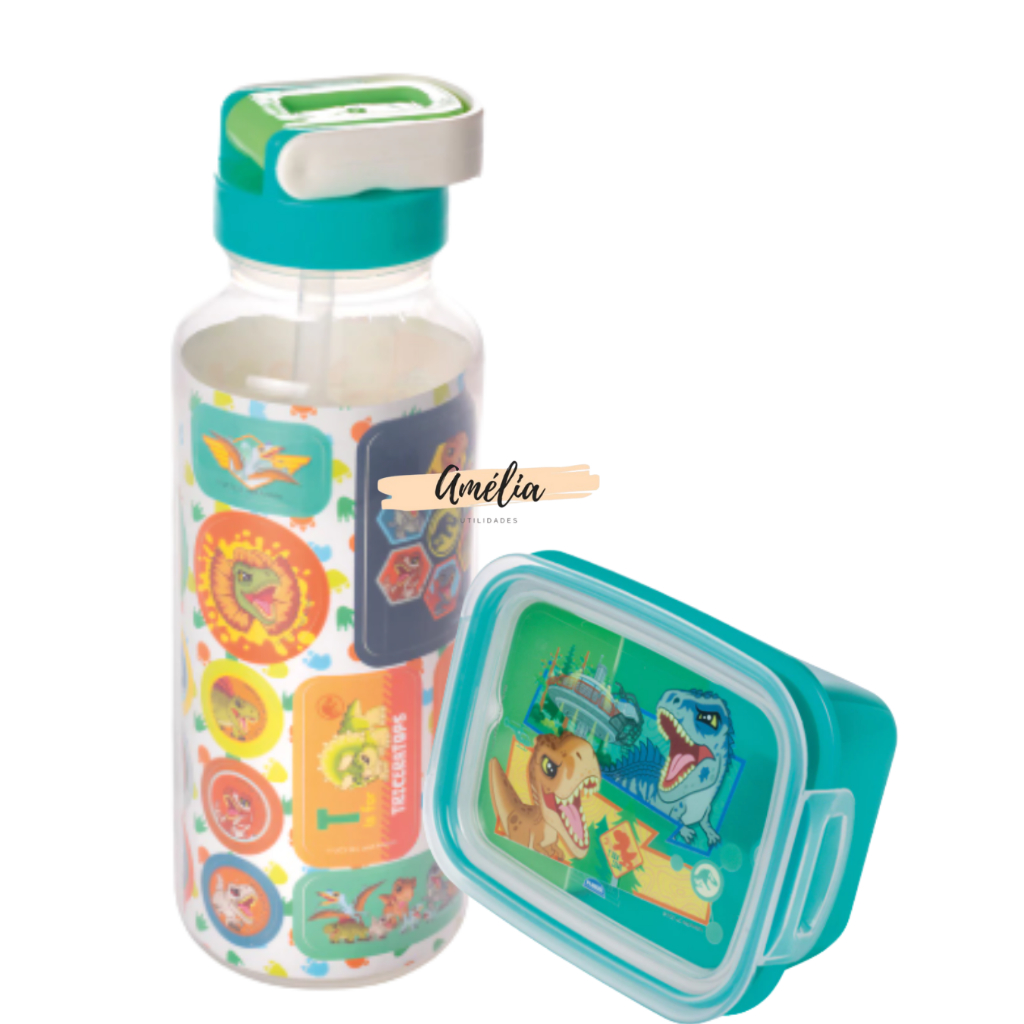 Jurassic Baby Dinossauro Kit2pcs Garrafa Automática c/ Canudo e adesivos + Marmita com Divisória em Oferta na Shopee