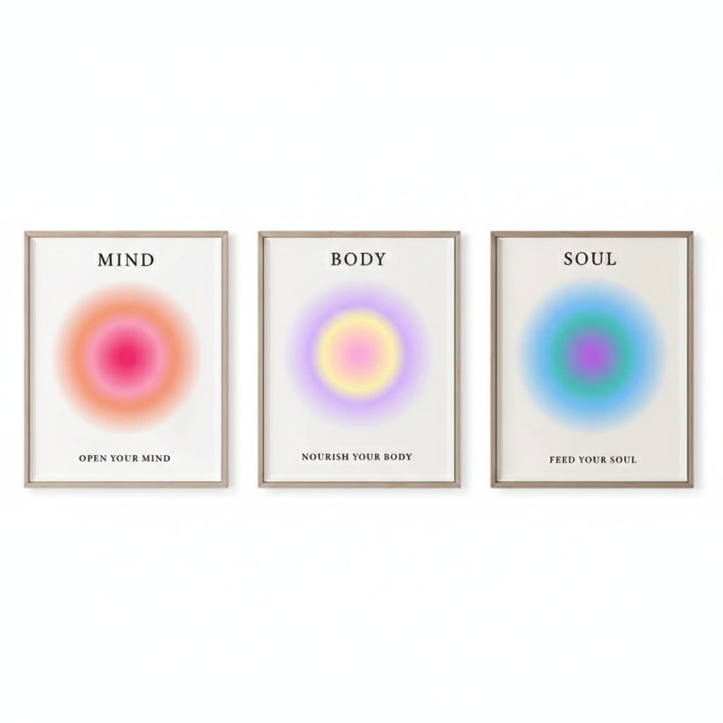 Imagem Quadros decorativos Mente Corpo Alma Positivo Aura Energia Trendy Gradiente Espiritual (3 peças)