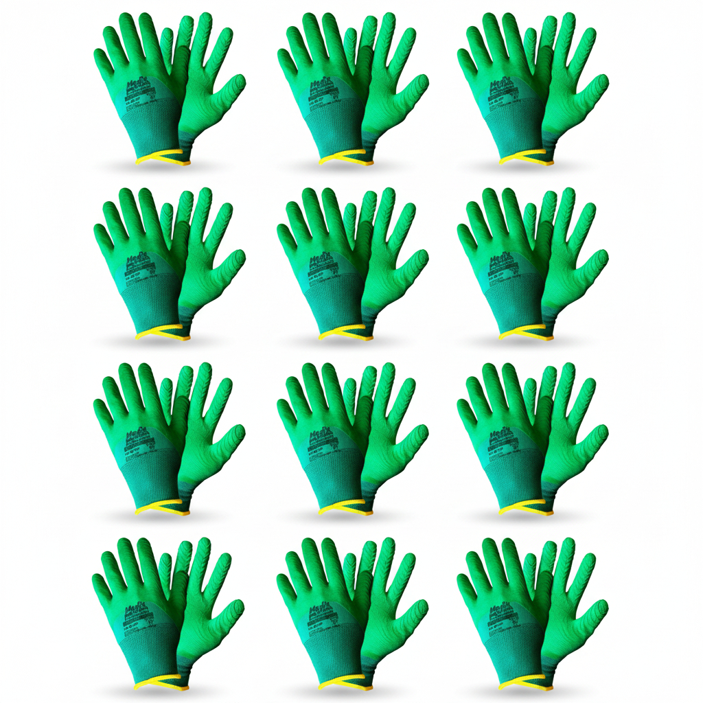 Kit 12 Pares Luva RubberGrip Verde – Luvas Corrugado Coleta de Lixo, Jardinagem e Trabalho!