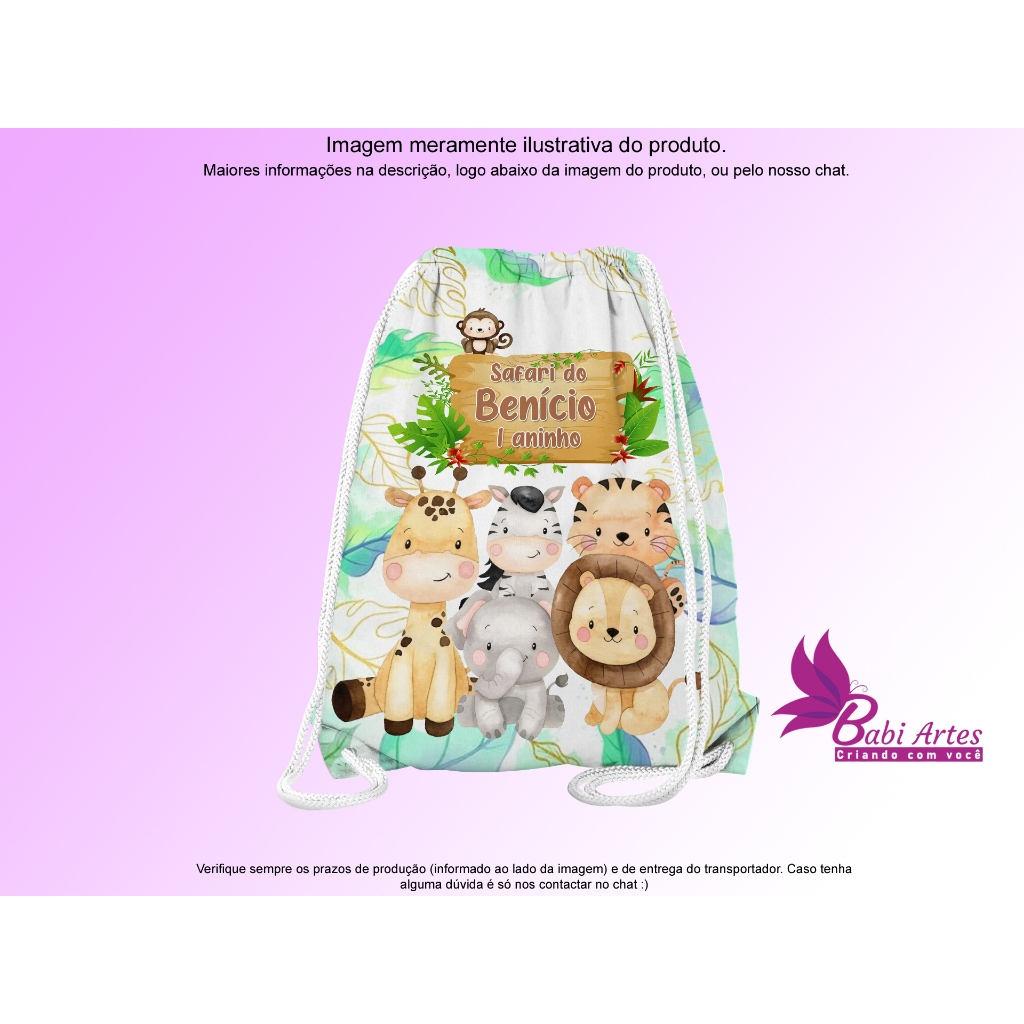 Mochilinhas Saco Personalizadas 19x28cm Safari  Festa Aniversário Lembrancinha Saquinho Infantil