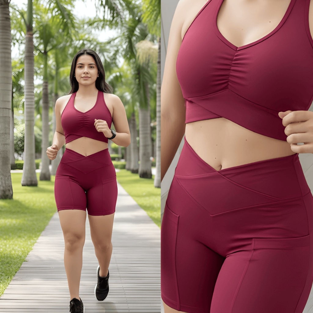 Conjunto Fitness Feminino Franzido com Bojo + Short com Bolso | Poliamida Premium | Academia Treino em Oferta na Shopee