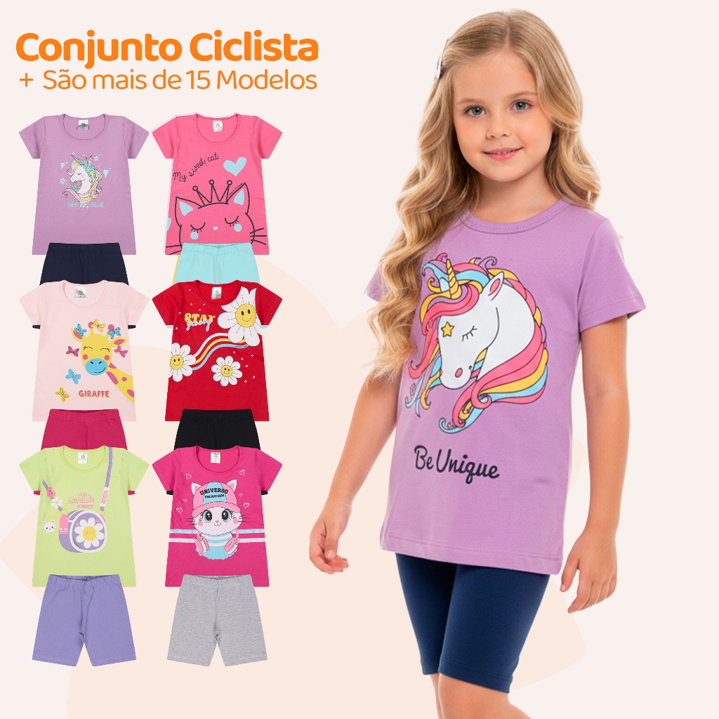 Kit Sortido 6 Peças de Roupas Infantil Menina Conjunto Ciclista Tamanho 1 ao 10 em Oferta na Shopee