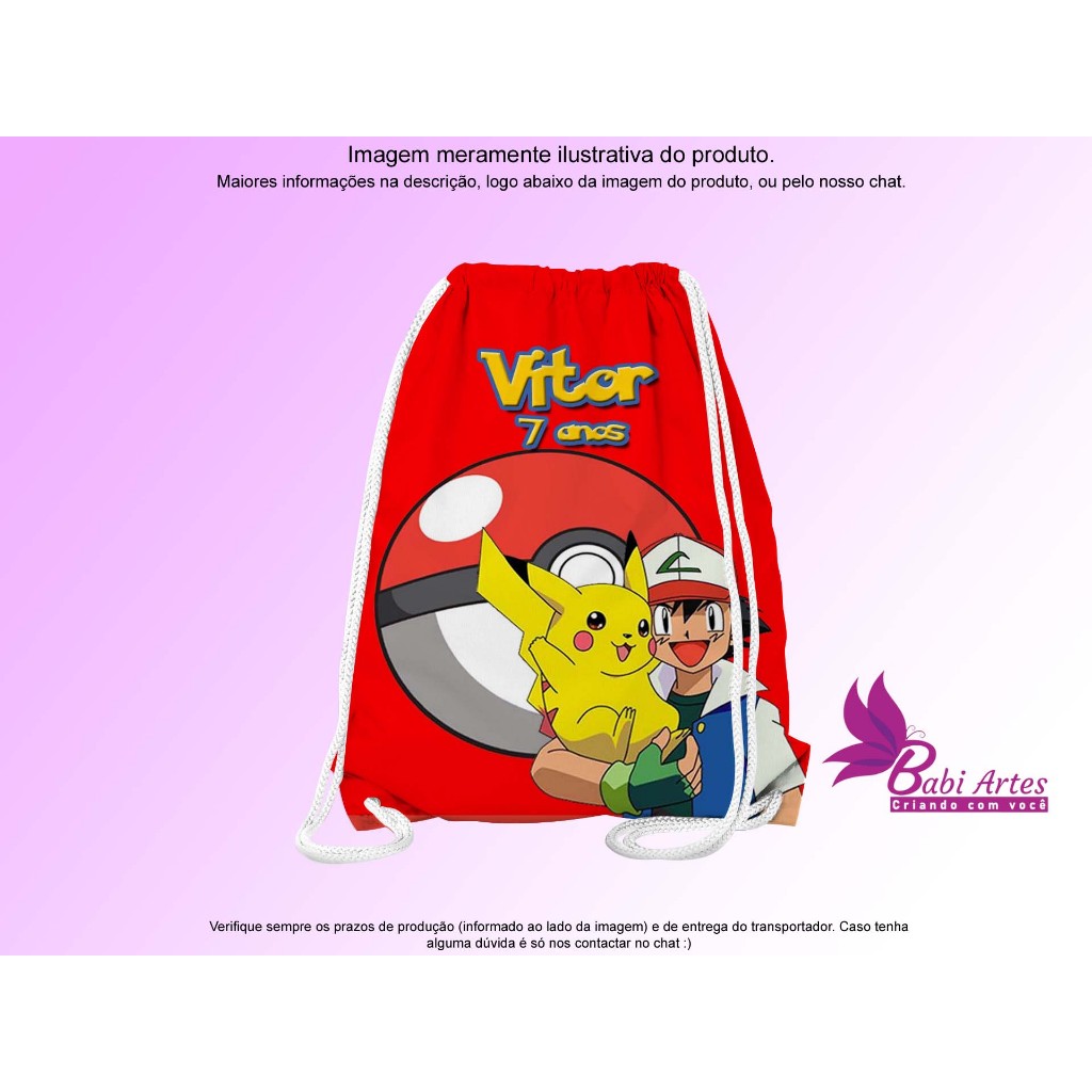Mochilinhas Saco Personalizadas Pokemon  Festa Aniversário Lembrancinha Saquinho Infantil