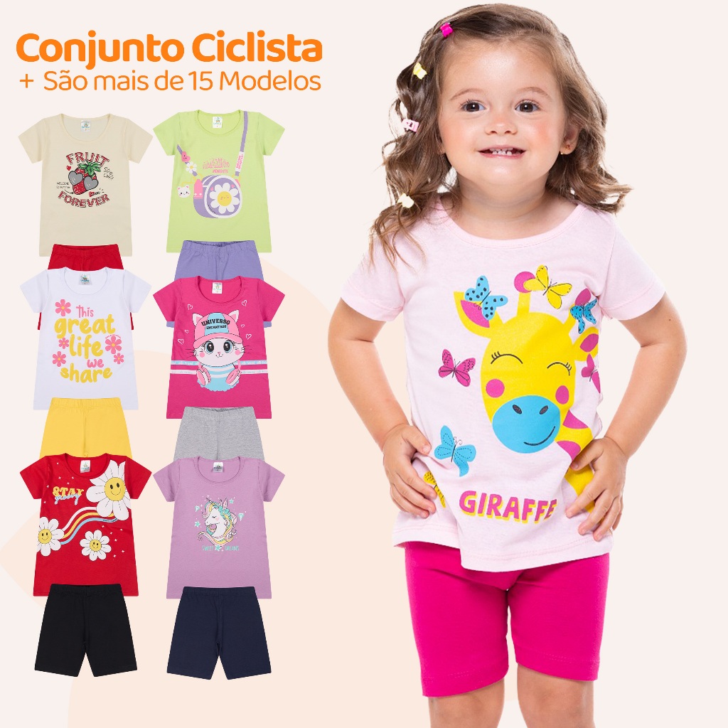 Kit Sortido 4 ou 6 Peças de Roupas Bebê Menina Conjunto Ciclista Roupas Bebê FemininoTamanho 1 ao 10