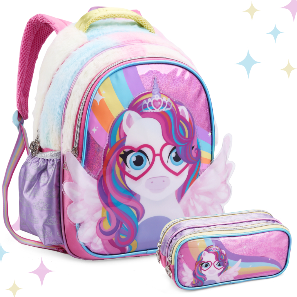 Mochila Mala Escolar Costas Menina Unicornio Estojo Duplo Infantil Arco-Íris