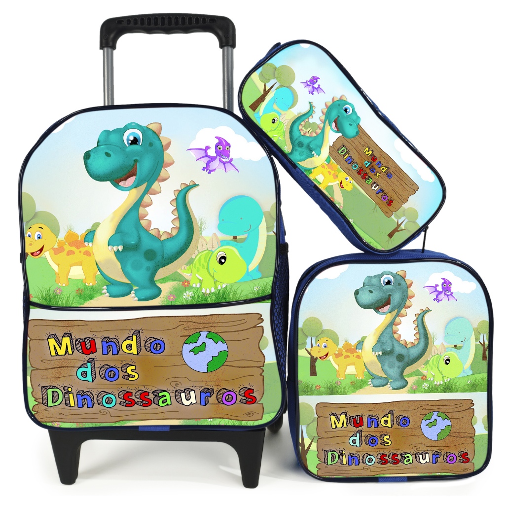 Kit Escolar Menino Infantil Mochila de Rodinha Mundo dos Dinossauros Azul, Estojo 1 Ziper e Lancheira Térmica em Oferta na Shopee
