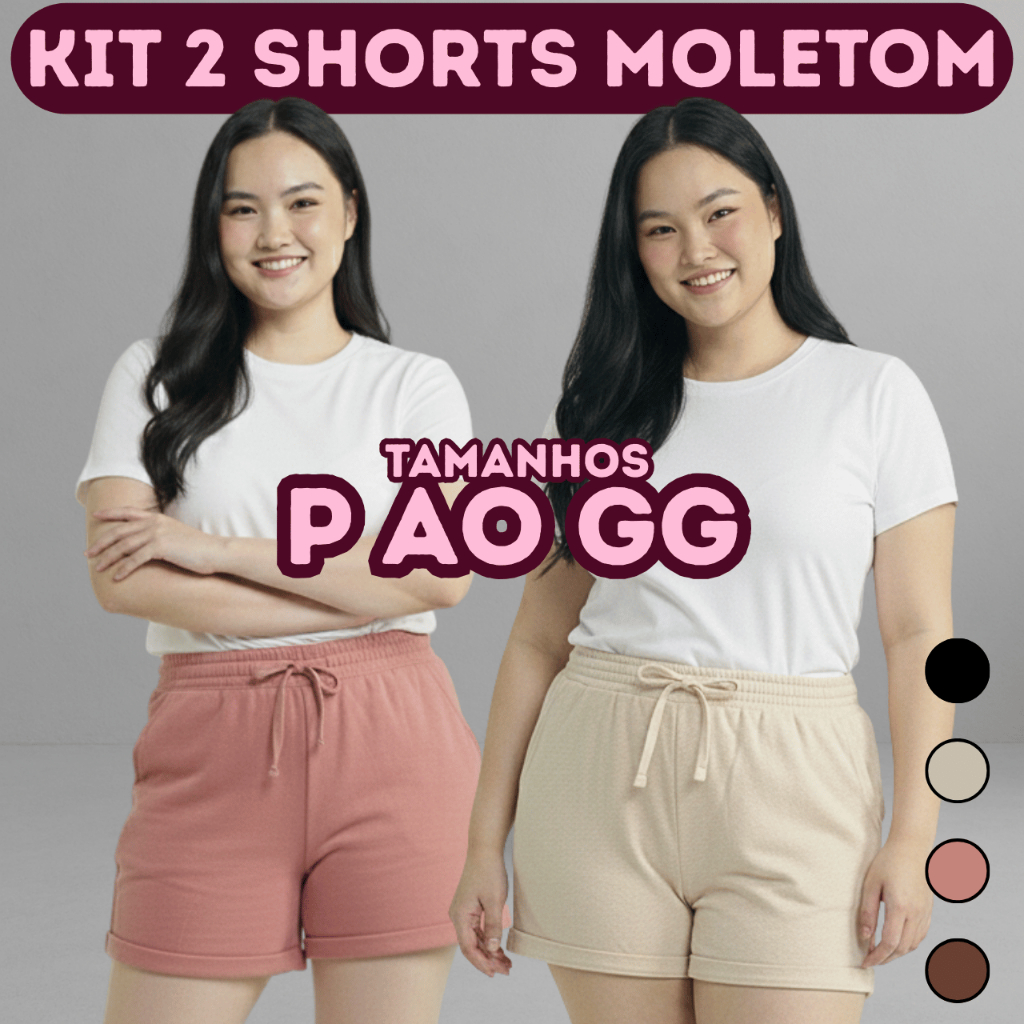 Kit 2 Shorts Moletom Feminino Confortável Calor Casual Leve Soltinho Moderna Preto Marrom Off-white Rosê