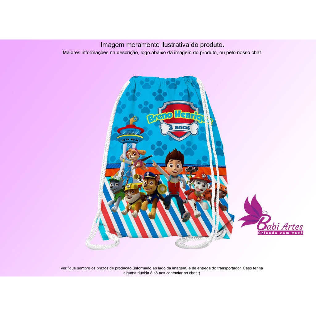 Mochilinha Saco Personalizada Patrulha Canina  Festa Aniversário Lembrancinha Saquinho Infantil