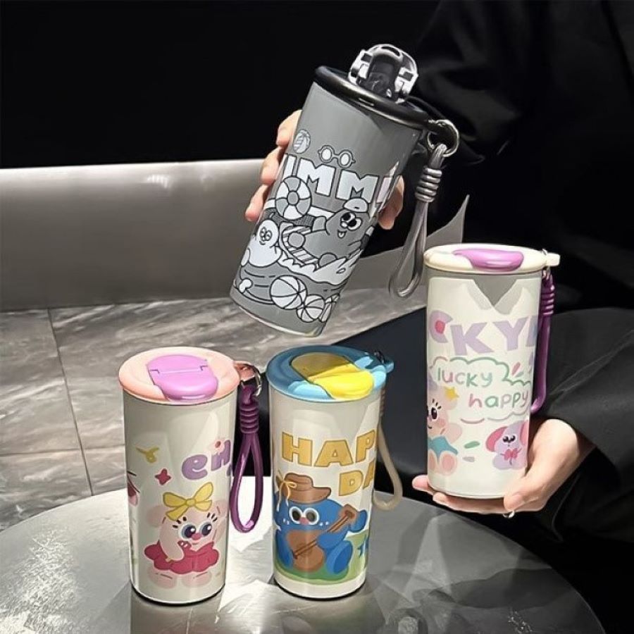 Copo Térmico Com Canudo E Alça Água Café Aço Inox Divertido Desenho Infantil 500ml em Oferta na Shopee