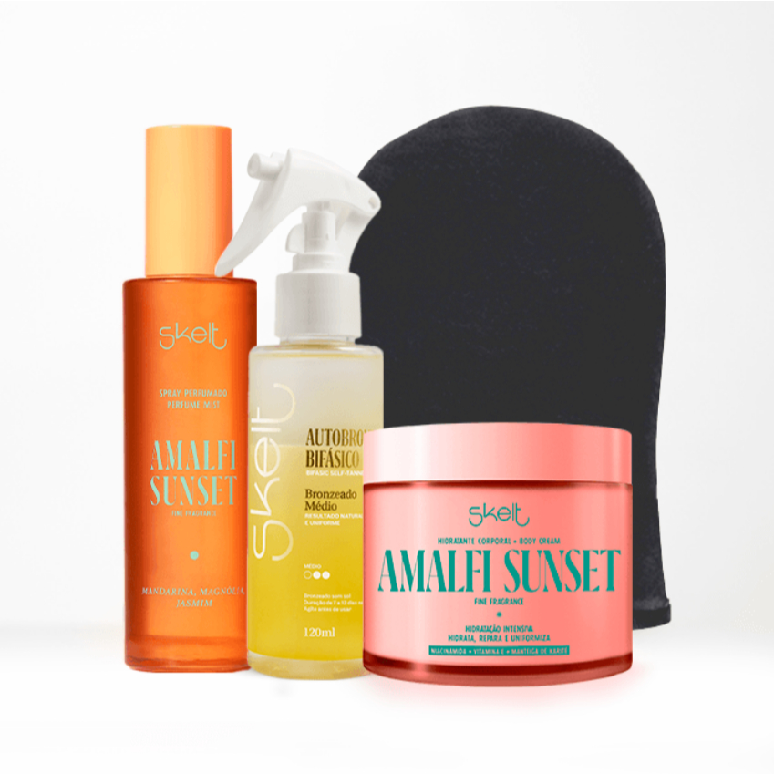 Kit Best Sellers - Hidratante Amalfi, Body Splash Amalfi, Luva Aplicadora, Autobronzeador Bifásico em Oferta na Shopee