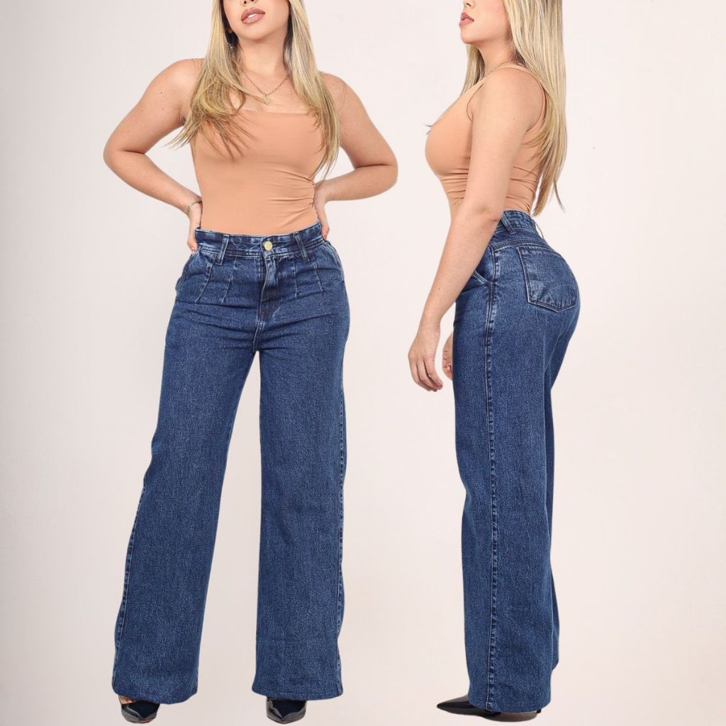 calça jeans wide leg marmorizada cintura alta tendência 100% algodão pantalona lançamento marmorizada modeladora