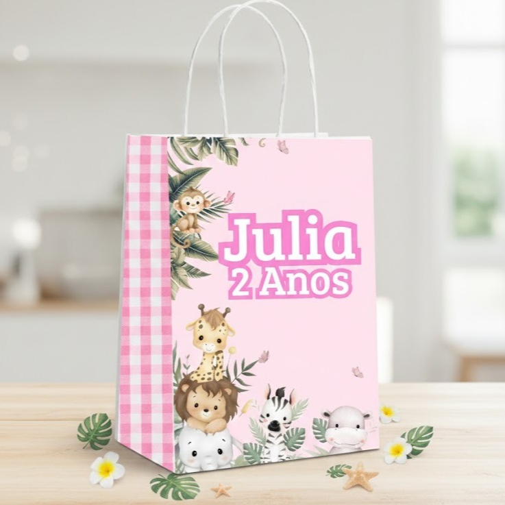 Sacolinha Surpresa - Safari Rosa - Qualquer tema - Sacola Lembrancinha - Personalizados Aniversario Festa