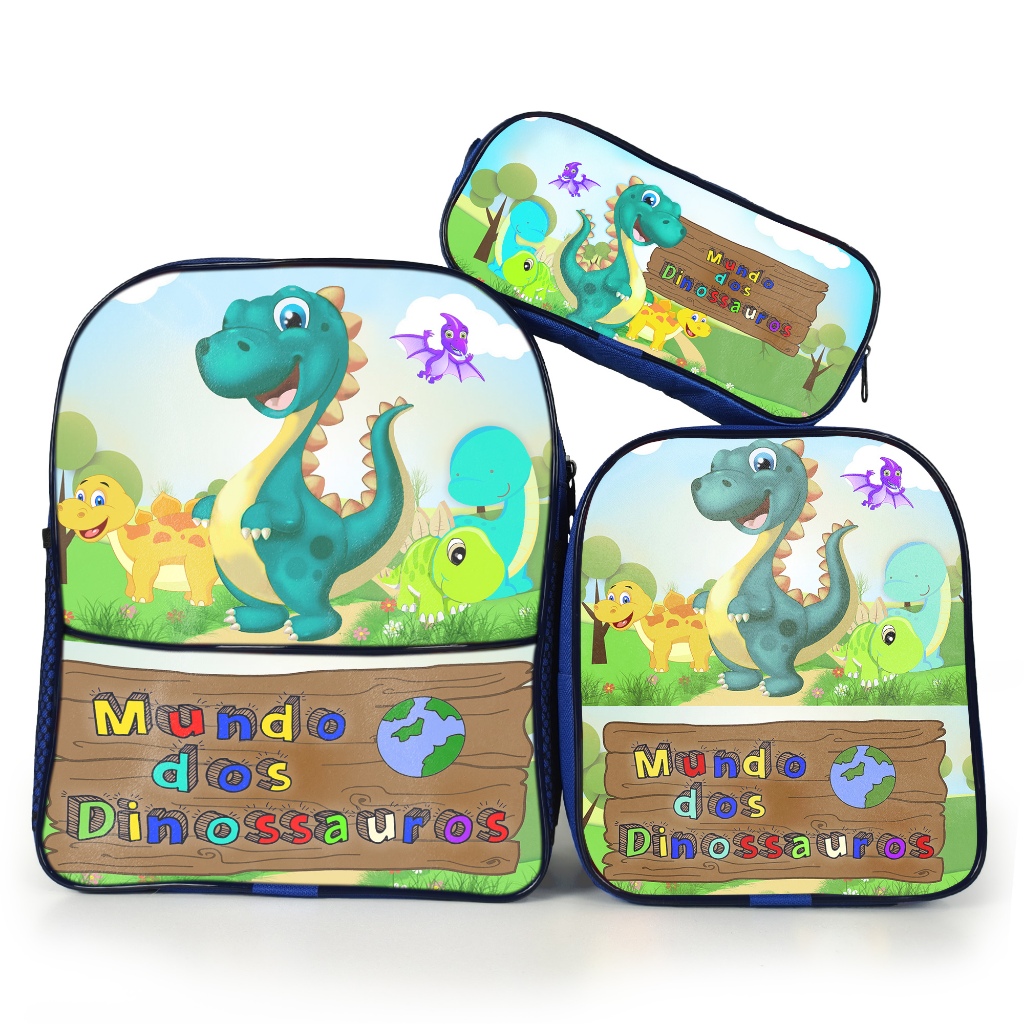 Kit Escolar Mundo dos Dinossauro Azul Infantil Mochila Menino Pequena Lancheira Térmica e Estojo 1 Simples em Oferta na Shopee