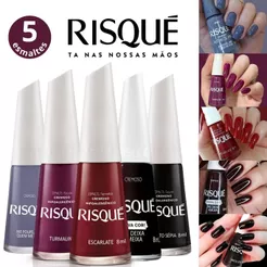 Kit 5 Esmaltes Risqué Cremoso Tons Escuros Marrom Preto e Vinho