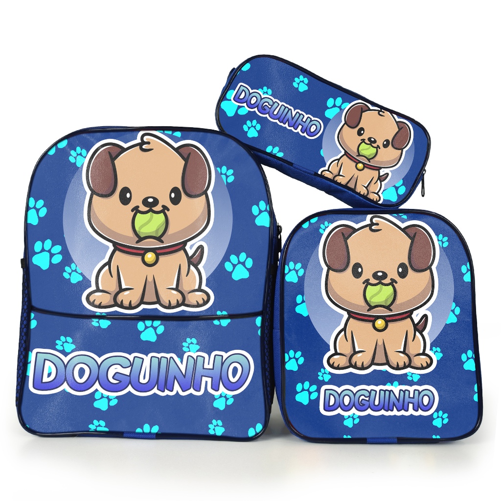 Kit Escolar Infantil Mochila Pequena Doguinho Estojo 1 Ziper Lancheira Térmica Resistente Menino