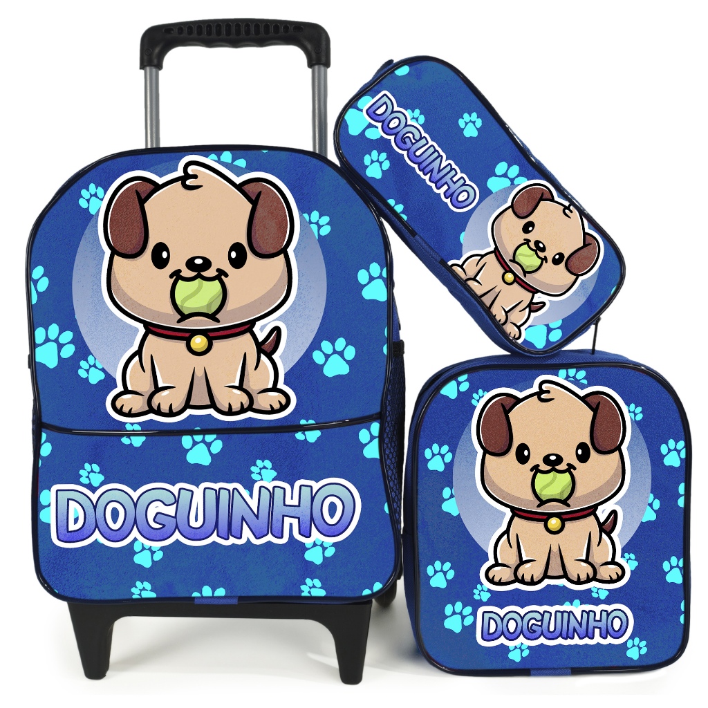Kit Escolar Menino Infantil Mochila de Rodinha , Estojo Simples 1 Ziper e Lancheira Térmica Doguinho